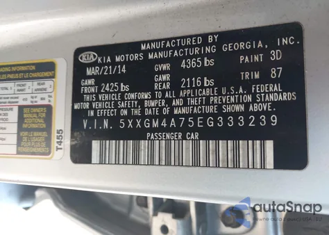 2014 Kia Optima Lx из США, поврежденный, VIN 5XXGM4A75EG333239